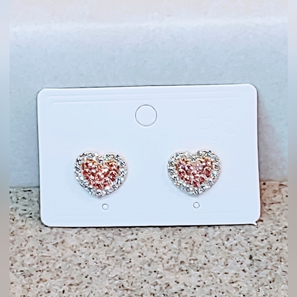 DOUBLE HEART PINK & CLEAR CUBIC ZIRCONIA SURGICAL STEEL STUD EARRINGS - Picture 8 of 9